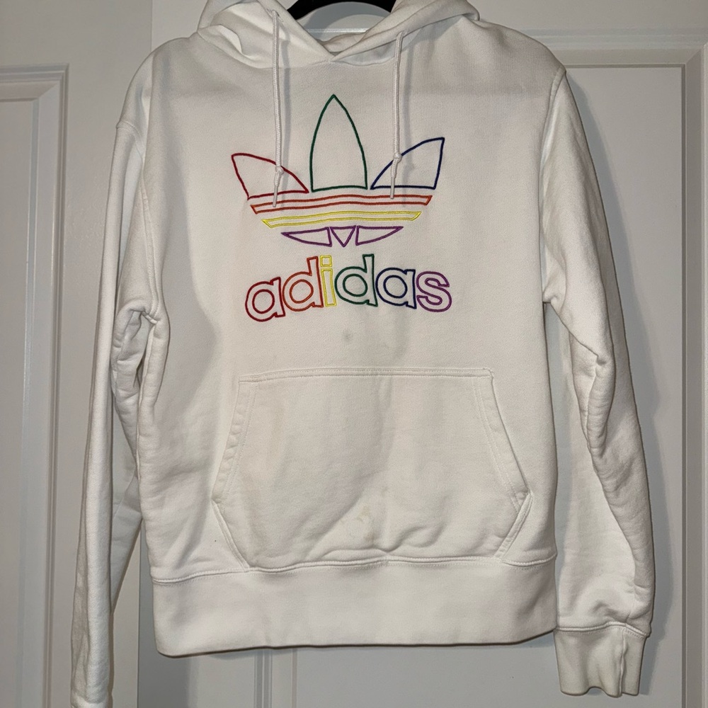 Adidas Unisex White Hoodie with Multicolor Logo
